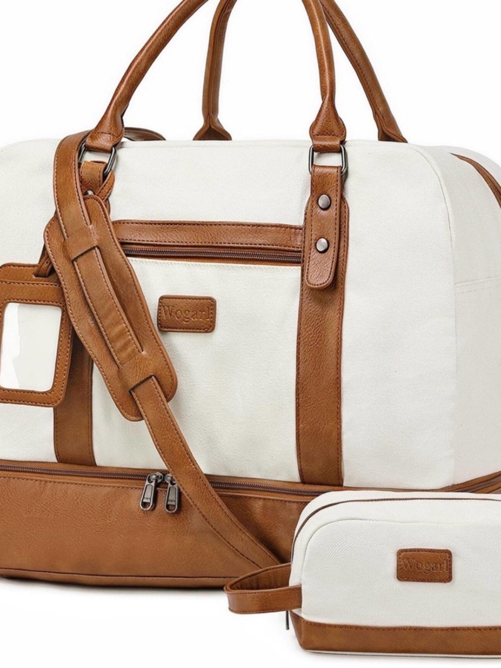 Two-Tone Cream and Tan Weekender Bag and Cosmetic Case